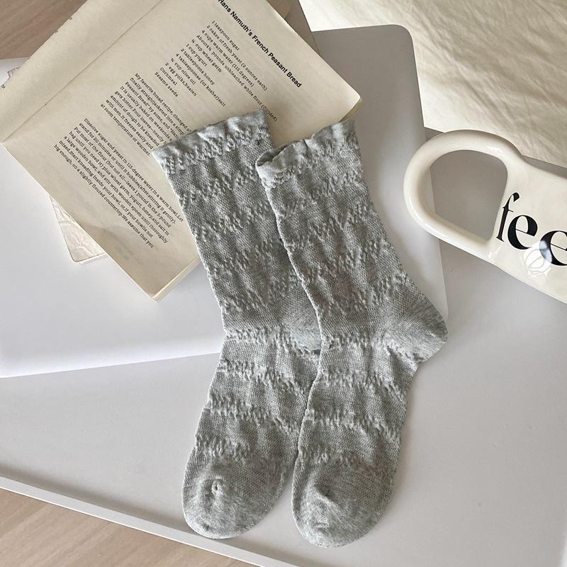 Women's Spring Thin Solid Color Mesh Boneless Pleat Versatile Medium Tube Cotton Socks