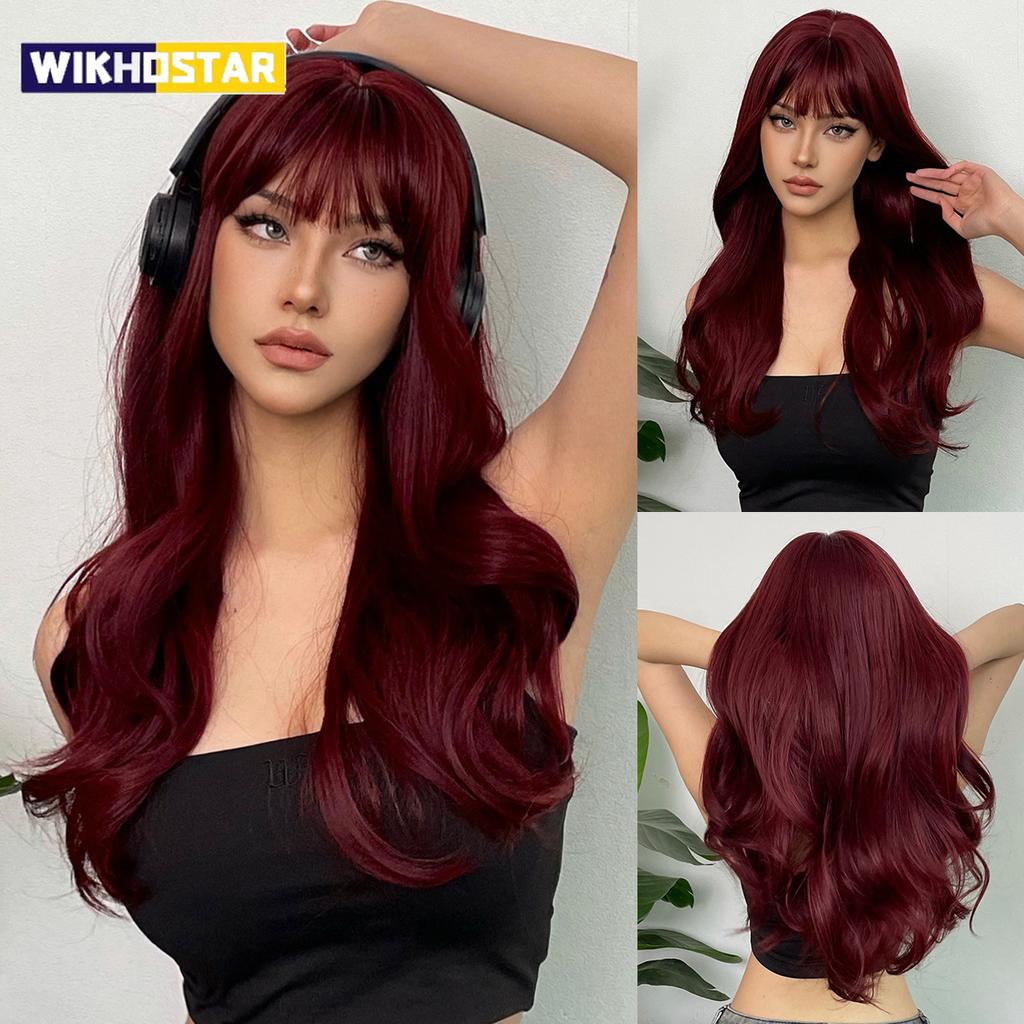 Neue weinrote synthetische Perücke mit Pony, große Wellen, langes lockiges Haar, tägliche Feiertagsperücke, Hochtemperaturseide, Vollkopfbedeckung