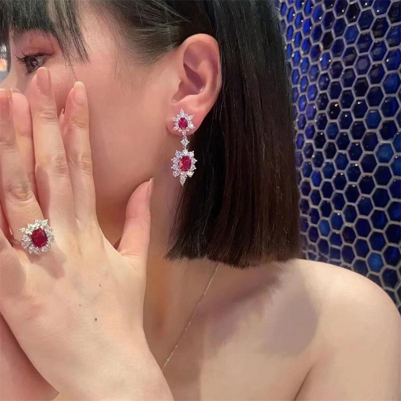 Luxurious Pigeon Blood Red Gemstone Jewelry Set: Ring, Earrings, Necklace - Celebrity Style