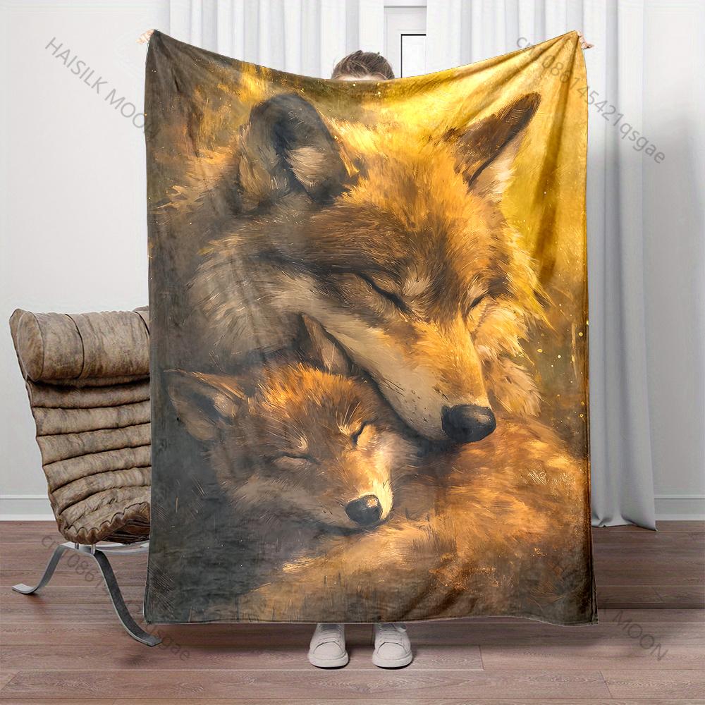 Mother wolf cuddles sleeping pup Print Adult Children Warm Blankets Home Travel Car Soft Comfortable Suitable for all seasons
