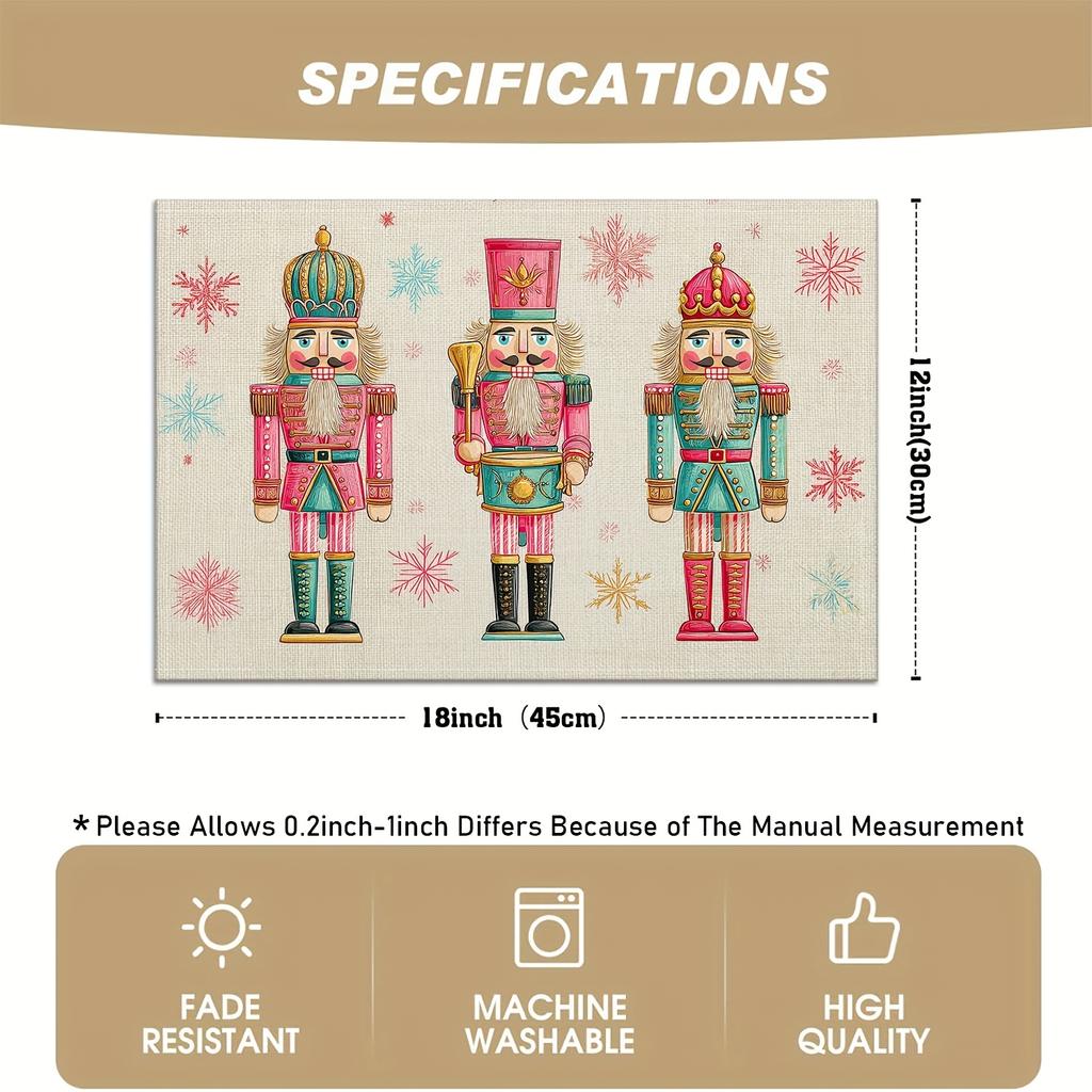 4pcs or 6pcs Nutcracker Placemats Suitable for Christmas Table Decor - Pink Golden Blue Snowflake Linen Table Mats, Hand Wash Only Elegant Rectangular