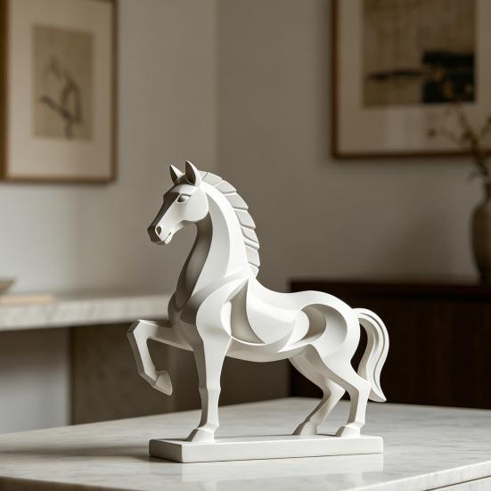 Standing Horse Statue Modern Geometric Horse Ornament Large Base Matte White Art Figurine for Home Office Living Room Decor Luck Wealth Gift