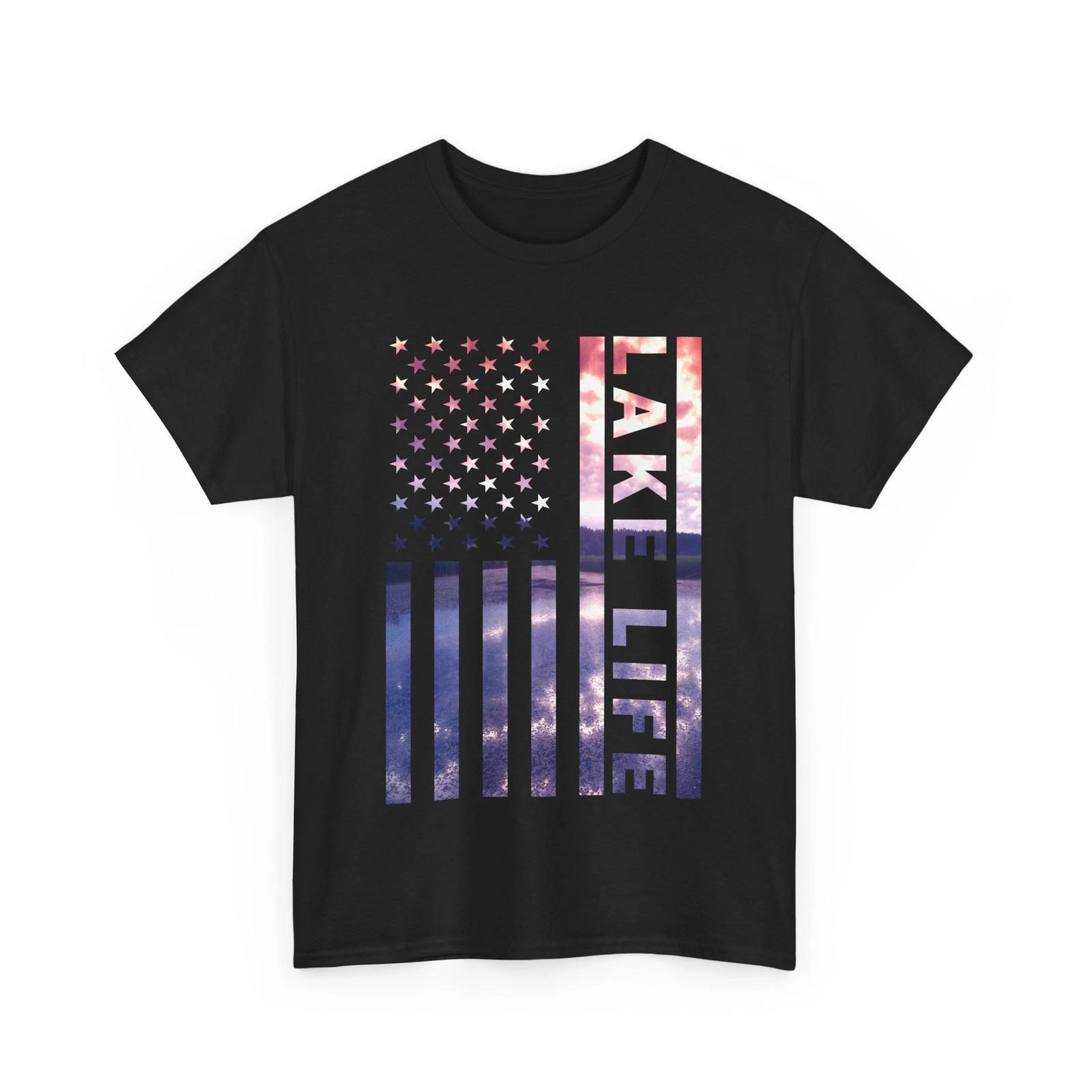 Lake Shirt, American Flag Lake Life Wildlife Nature Boating Fishing Lovers Shirt S