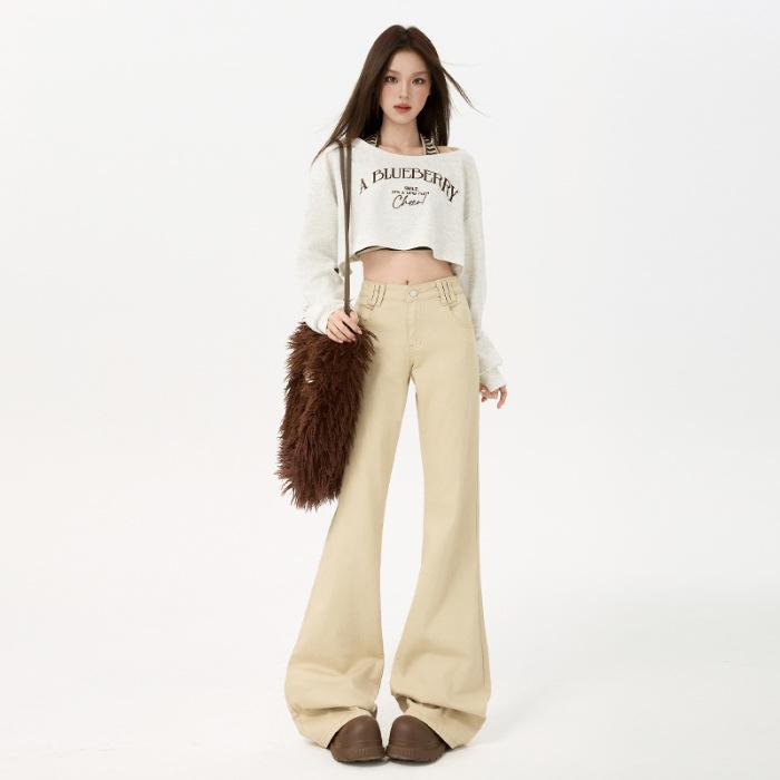 Lao Qian Fengfeng hip slightly pulled jeans women's autumn new low middle waist elastic thin trousers khaki trousers
