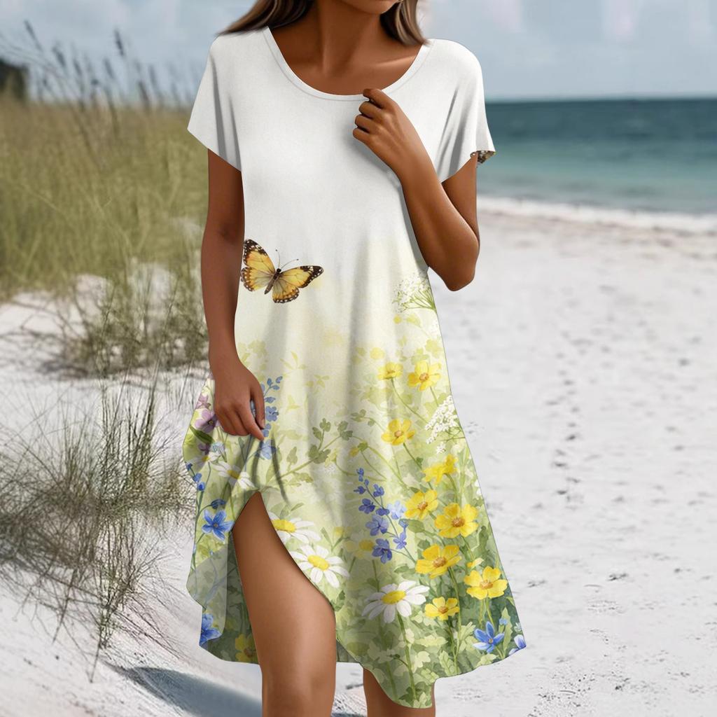 Short Sleeve Boho Dress For Women Casual Loose Fit Summer Sundress Floral Print Dress With Pockets