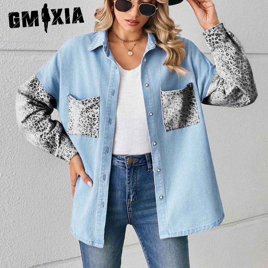GMXIA Frühling Herbst Langarm Lose POLO Neck Leopard Print Patchwork Denim Hemd Langarm Top Strickjacke