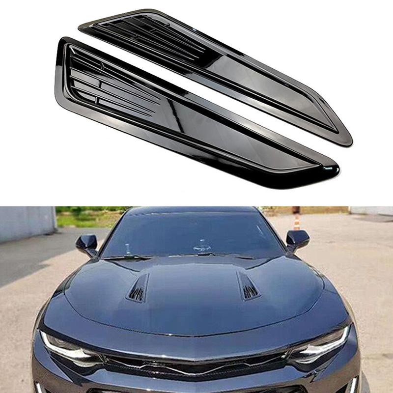 2 Pièces Noir Brillant ABS Cache-Ouïes d'Aération de Capot Avant Décoration d'Air de Capot Autocollant Accessoires de Style de Voiture pour Chevrolet Camaro 2016-2023