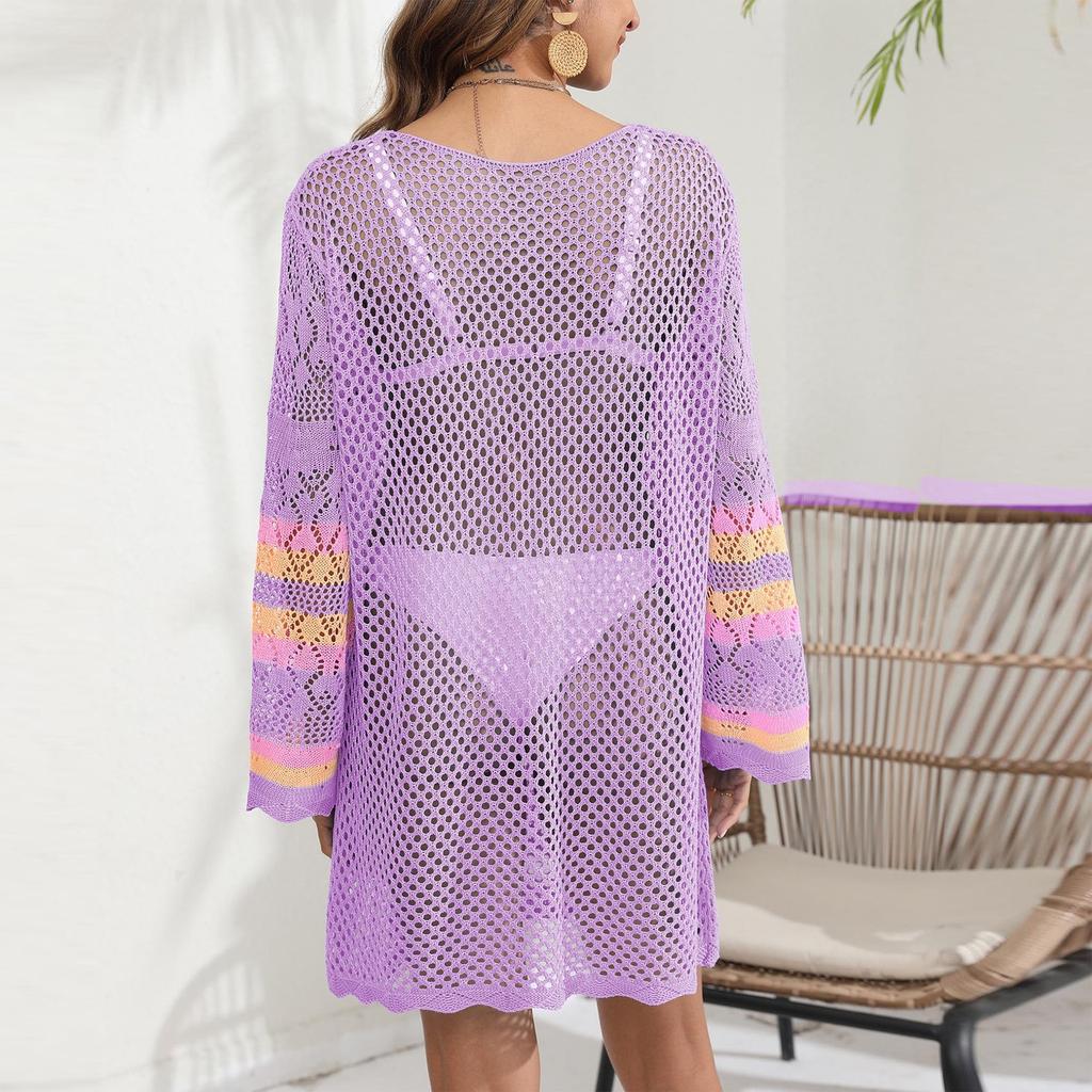 Women's Beach Resort Cover Up Contrast Color Patchwork Bikini Outer Dress