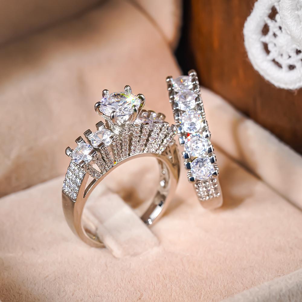 Huitan Sparkling Cubic Zirconia Set Rings for Women Engagement Wedding Fashion Jewelry Double Stackable Set Rings Chic Accessory
