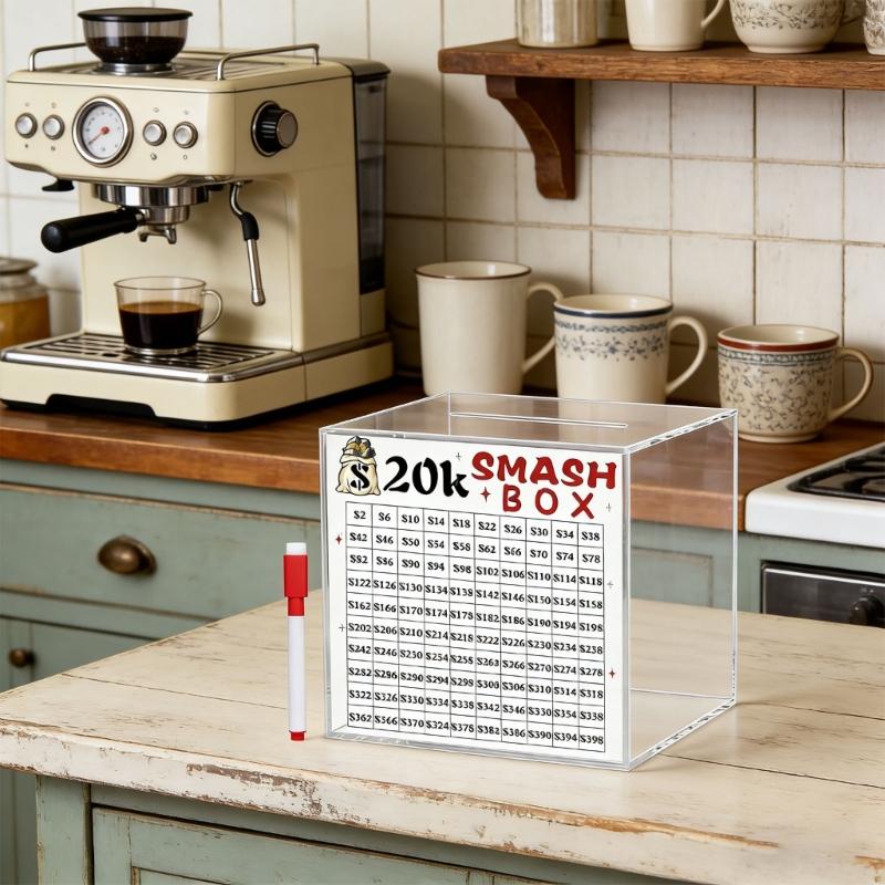 10K/20K Smash Box Money Saving Challenge,Clear Acrylic Piggy Banks Break To Open Cash Vaults,Cash and Coin Collection Box