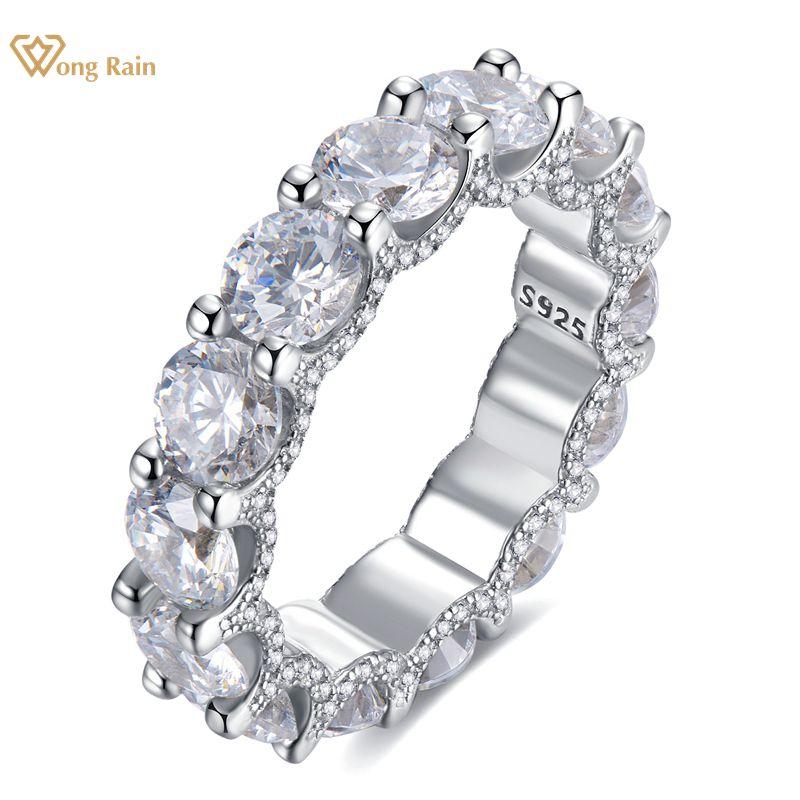 Wong Rain Classic 100% 925 Silver Round Cut High Carbon Diamonds Gemstone Engagement Couple Rings Band Fine Jewelry