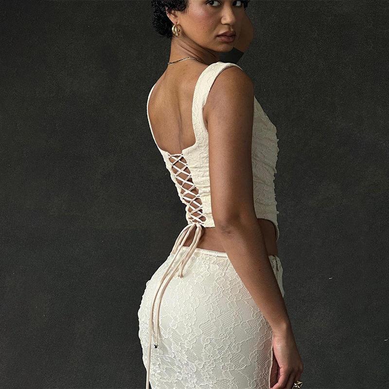 Elegant Lace Two Piece Set Women Irregular Long Skirt and Corset Top French Style Bodycon Dress Matching Sets