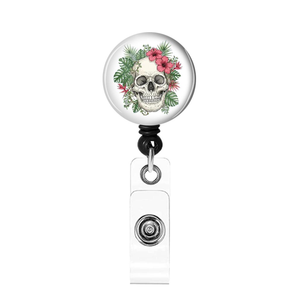 Skull Flower Id Tag Badge Holder With Retractable Badge Reel Cards Storage Organizer For Nurses Employee Pass Work Card Holder
