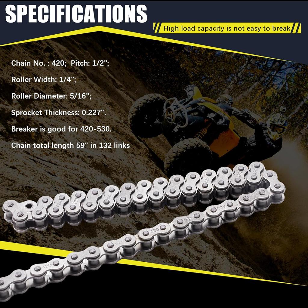 420 Motorcycle Chain 132 Links fit for 50 70 90 110 125cc SSR TaoTao Coolster Apollo Baja 212cc Go Kart Mini Bike Powersports Parts Chinese ATV 4
