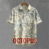 New Men's 3D Octopus Print Short Sleeved Shirt, Retro Summer Linen Shirt, Men's Holiday Casual Short Sleeved Streetwear