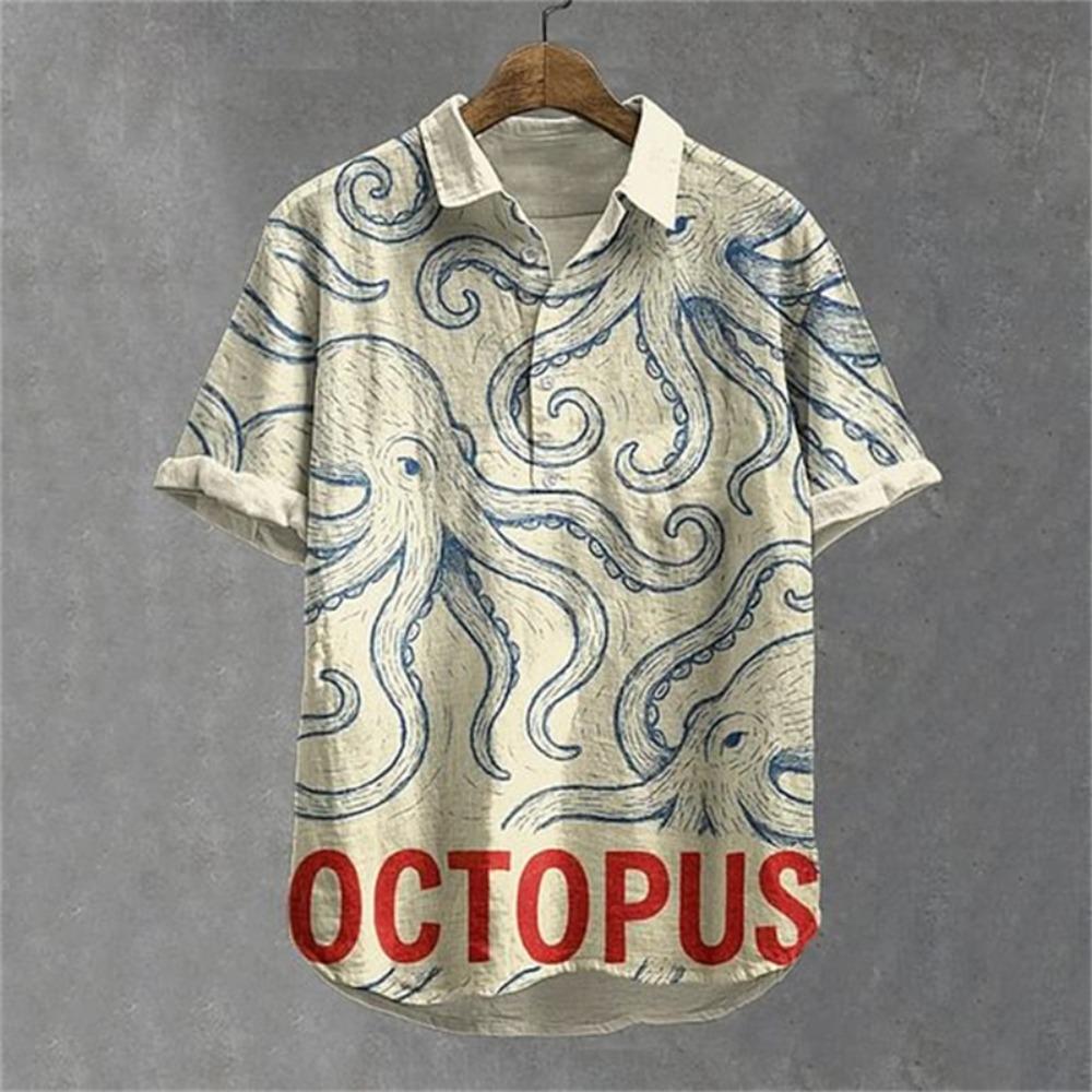 New Men's 3D Octopus Print Short Sleeved Shirt, Retro Summer Linen Shirt, Men's Holiday Casual Short Sleeved Streetwear
