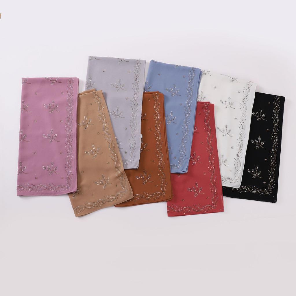90Cm New Chiffon Hijab With Rhinestones Diamonds Scarf Shawls Solid Headscarf Wraps Ramadan Eid Hijabs Glitter Headband Turban