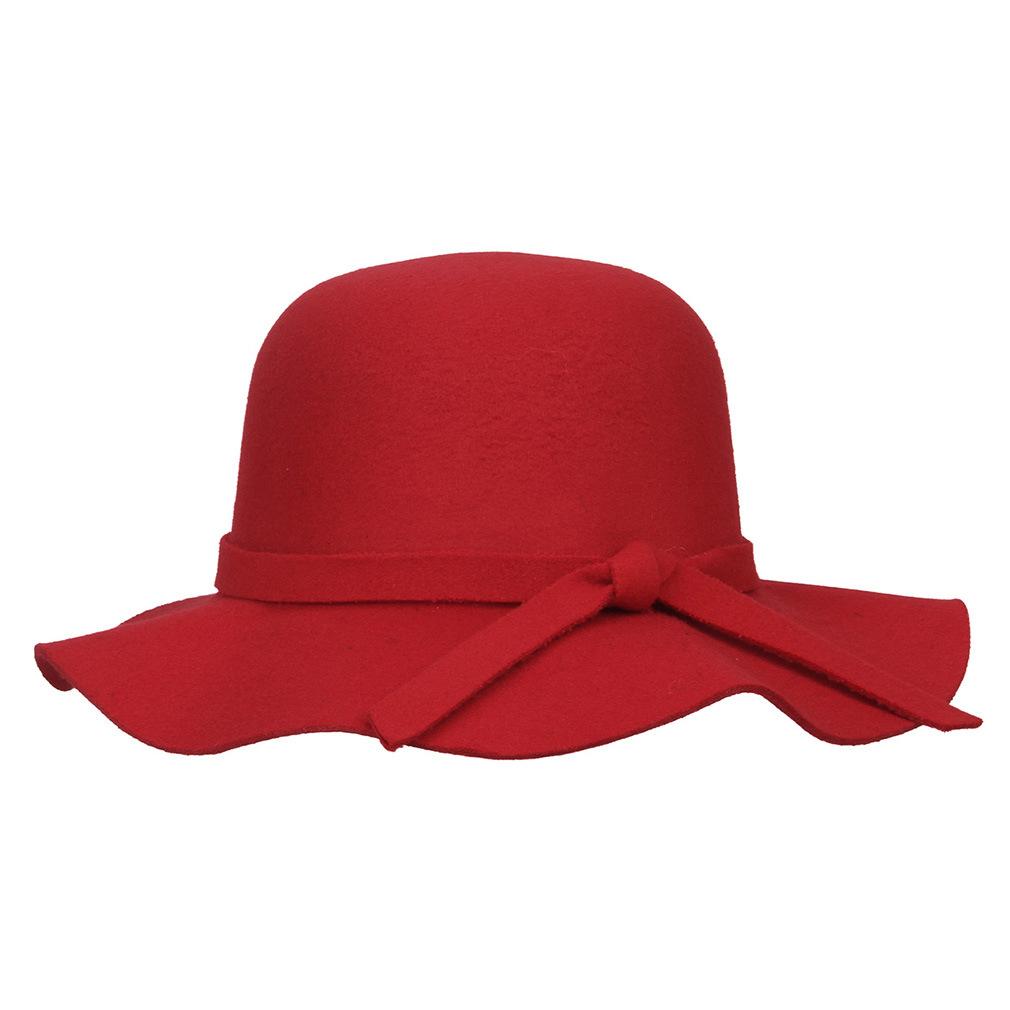 Female Hat French Retro Bowler Hat Women Wide-brimmed Wavy Fedora Hat Autumn and Winter Bow Hat Hat Adult Children Hat