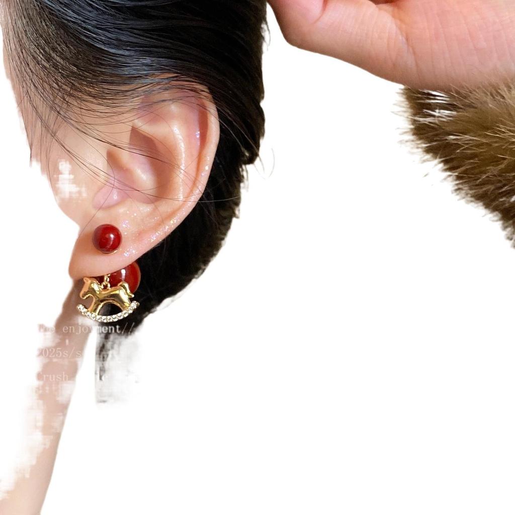 Red Velvet Horse Stud Earrings for Women - New Autumn/Winter 2025 Niche Design
