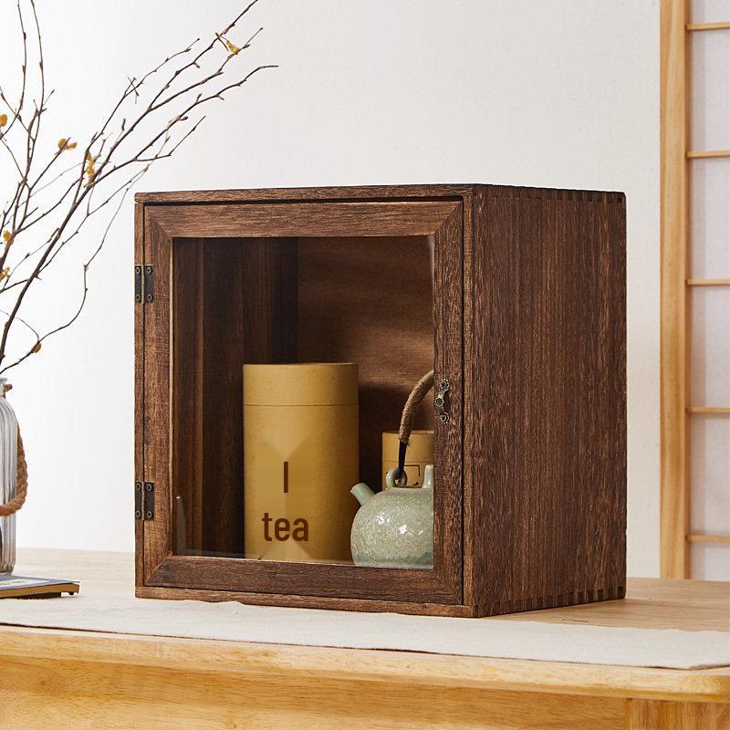 Solid Wood Tea Cup & Teapot Display Cabinet with Dustproof Storage Shelves and Mortise & Tenon Design