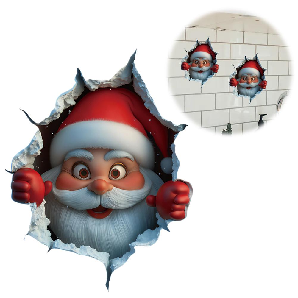 3D Santa Claus Wall Decal - Christmas Broken Wall Art Sticker - Festive Living Room Decor - Easy Peel & Stick PVC Holiday Mural