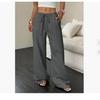 Women's Casual Solid Color Texture Fabric Waist Belted Side Pocket Wide Leg Pants New Cross-Border Style