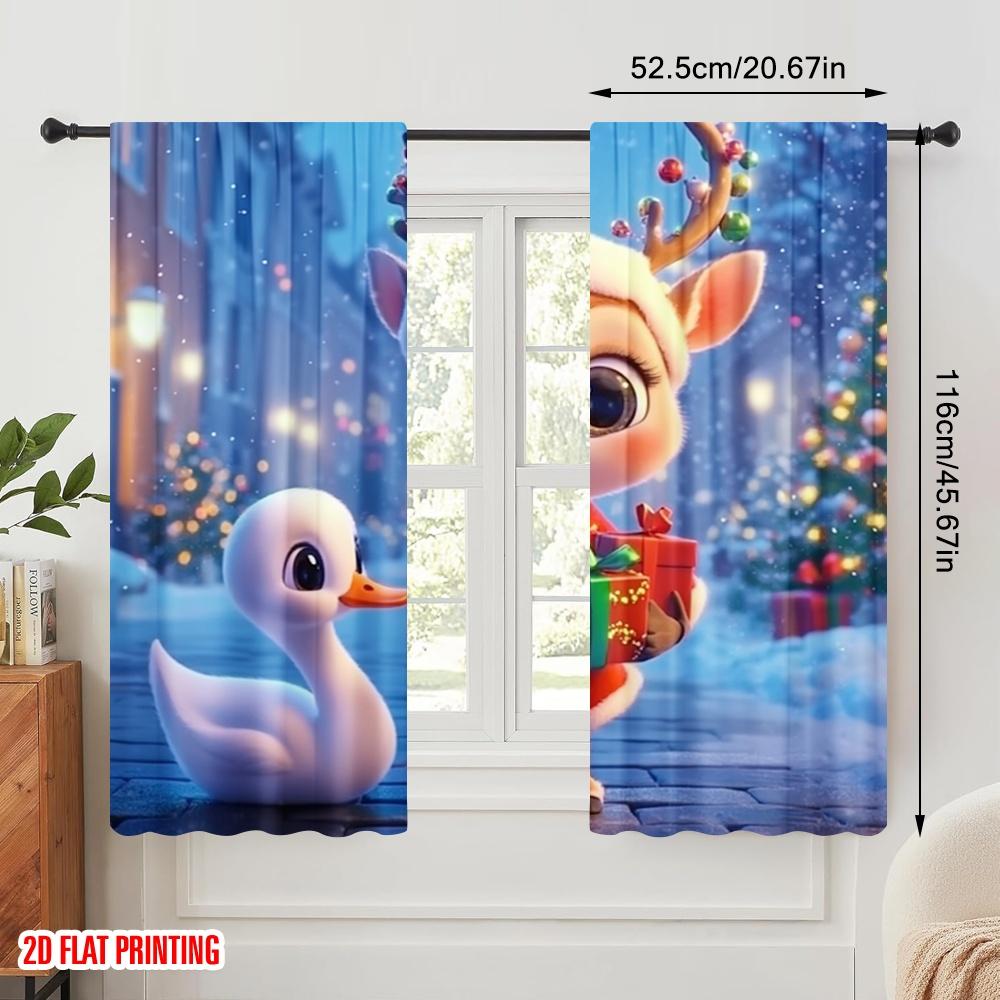 2pcs,2D Plane Printing Curtains Cute Deer Christmas Gift Present (3) Polyester Easy Install (without Rod) All Seasons Ldeal for