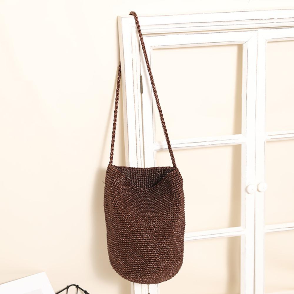 Korean Style Knitted Weave Bag Glitter Shiny Thread Knitted Shoulder Bag Woven Bucket Bag Beach коричневый