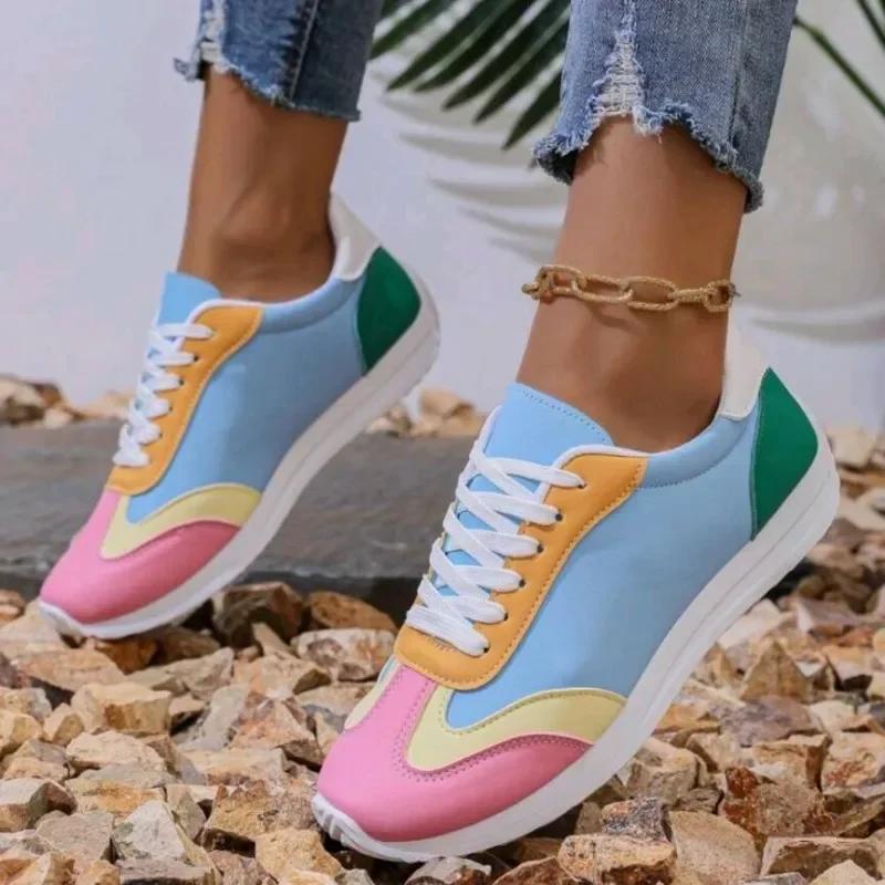 Autumn Women Flat Casual Comfortable Shoes Fashion Color Matching Lace Up Walking Women Sneakers Soft Breathable Running Loafers