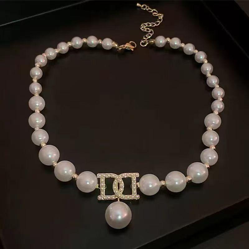 Wind simple personality necklace diamond pearl double D light luxury high-end neck chain temperament neck jewelry