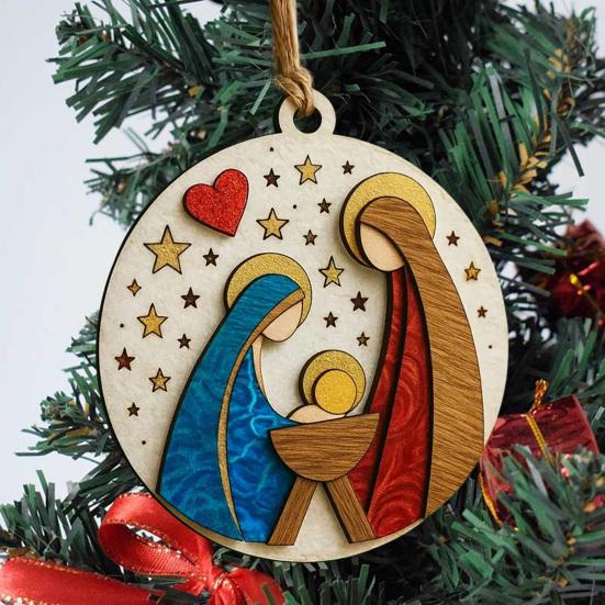 Yousheng Nativity Scene Wooden Ornament Handcrafted Jesus Birth Scene for Christmas Tree Decor 3.25 Inch Religious Gift for Family Friends