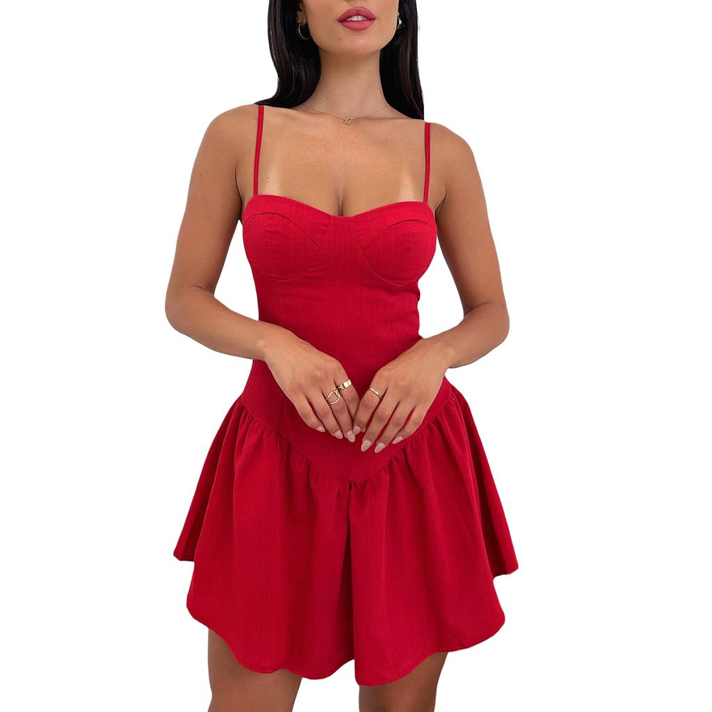 GMXIA Frühling Sommer Damen Kurzer Rock Neckholder Mieder Rüschen Einfarbig Kleid