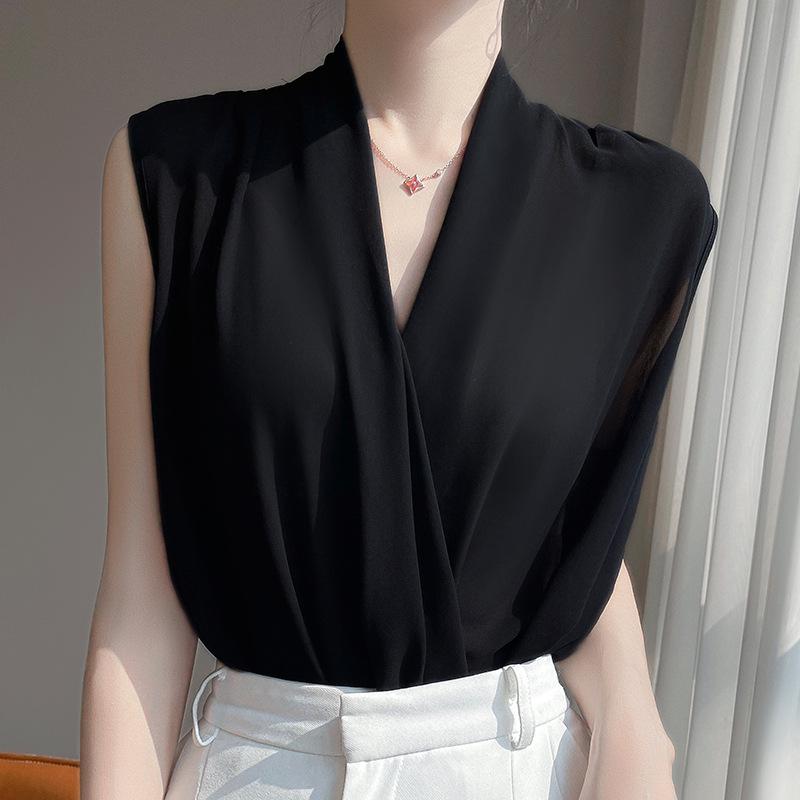 

Летняя женская модная футболка без рукавов с V-образным вырезом в французском стиле 2025 XXL