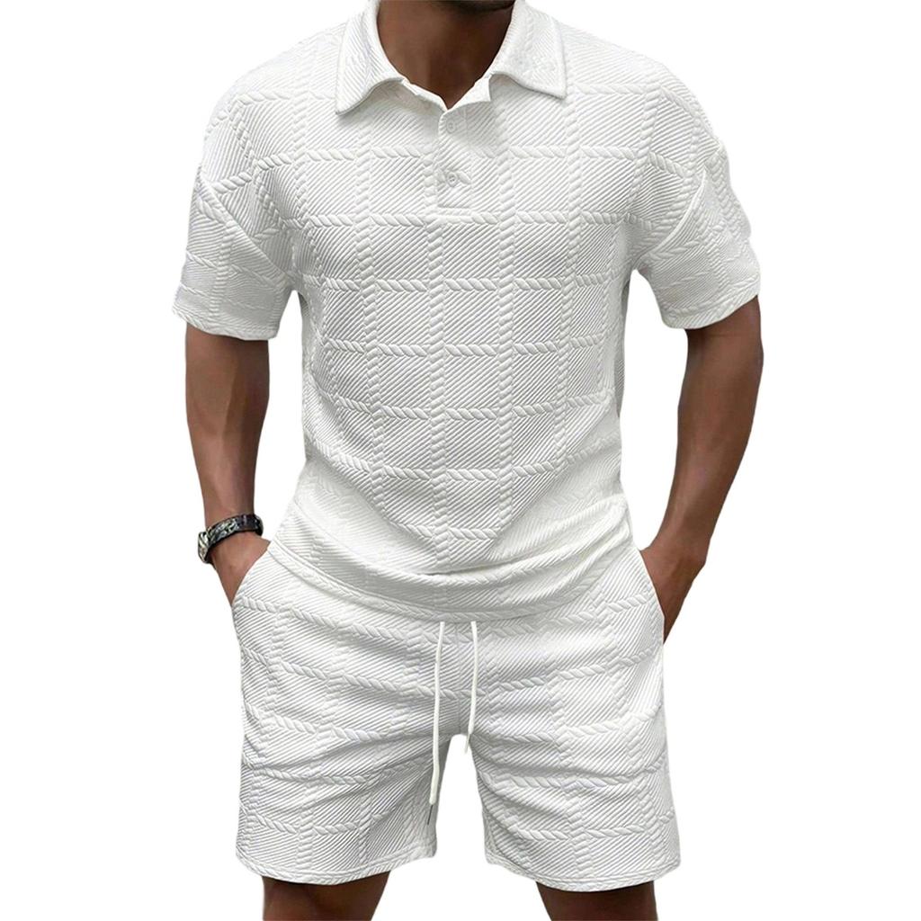 Men'S Solid Color Casual Collar Short Sleeved Shorts Two-Piece Set