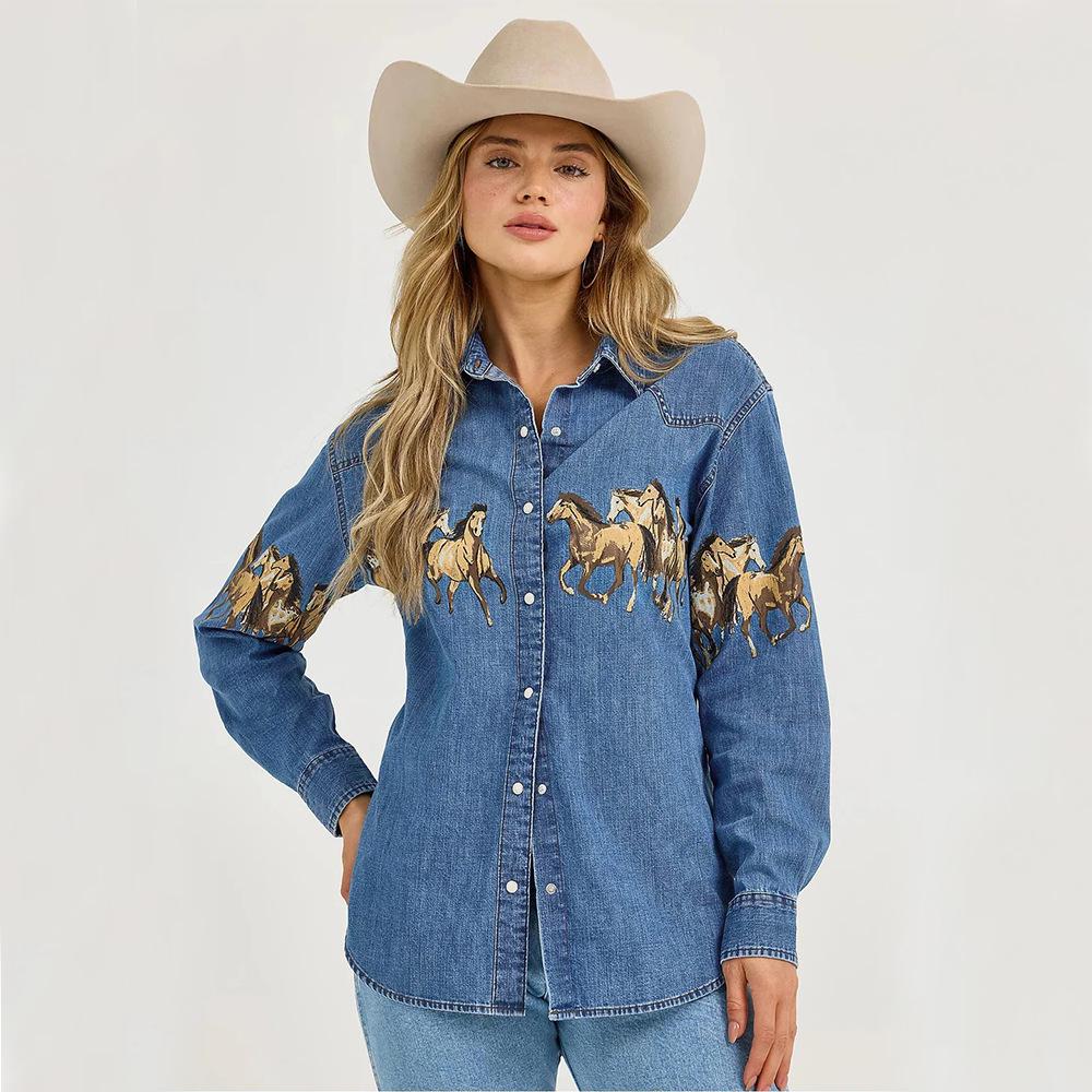 

Spring/Summer 2026 Retro Horse Print Denim Shirt Jacket for Women XL