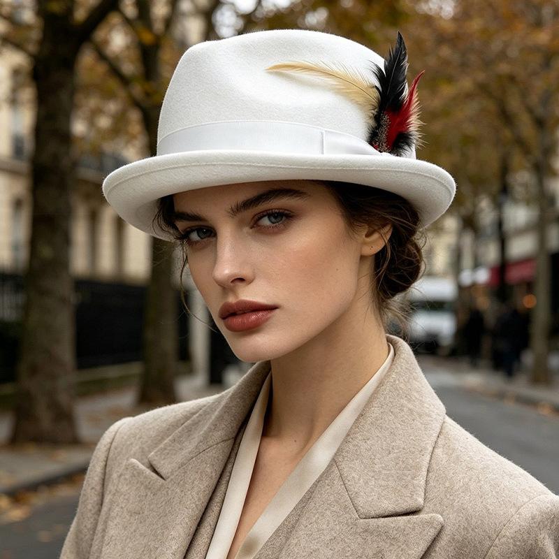 Pălărie înaltă la modă Toamnă Iarnă Pălărie țesută cu fundă Pălărie pentru femei Stil retro Margine scurtă Pălărie din pâslă pentru banchet Pălărie versatilă