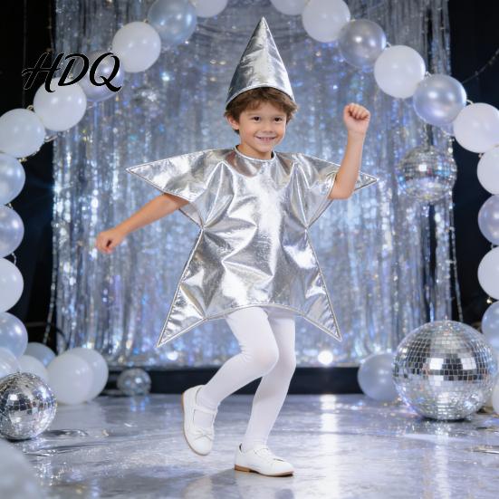 Kegelvormige Ster Kostuumset Zilver/Goud Kerststal voor Kinderen Kerstscène Festival Vorm Cosplay Outfits Zondagsschool Kerkbenodigdheid Glanzend