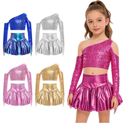 Performance-Bekleidung für Mädchen: Metallisch Glänzendes Cold Shoulder Top mit Quaste & One-Shoulder Crop-Top + Ballonrock für die Tanzparty