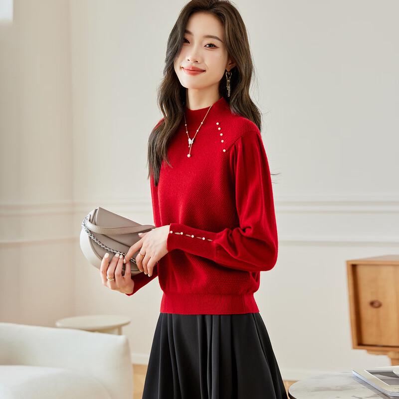 Srcr Women's 100% Wool Beaded Semi-High Collar Short Sweater