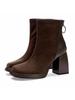 Suede Matte Square Head High-heeled Boots Women's Martin Boots 2025 Autumn and Winter New Waterproof Platform Thick-soled Heightened Thick-heeled