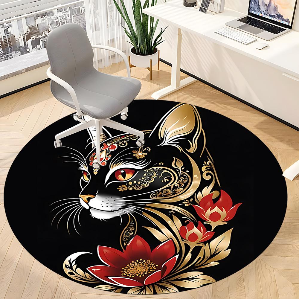 1pc Cat Flowers Office Round Area Rug, Indoor Mat Suitable ForOffice, Under Office Chairs Bedroom Living Room Home Decor, Room Deco 011
