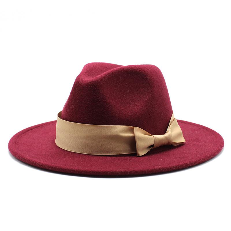2020 Woolen Top Hat Men'S And Women'S Flat-Brimmed Big Eaves Hat Solid Color Versatile Bow Straight Edge Jazz Hat 22 Colors