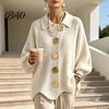 Frühling Herbst Pullover Damen Oversized Strick Cardigan Pullover, Hemdkragen Oberteil mit Großen Metall Freizeitknöpfen, Lockere Fledermausärmel für Weiche Hautfreundlichkeit