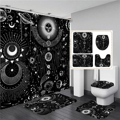 Black White Sun Moon Starry Shower Curtain Set Bathroom Shower Curtain Non-Slip Bath Mat Toilet Lid Cover Polyester Waterproof