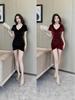 Korean Style Velvet Deep V-Neck Black Bodycon Dress