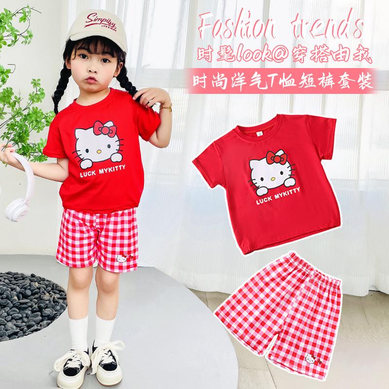 Girls Summer Fashion Plaid Shorts with Cute Cartoon Print Short Sleeve Set