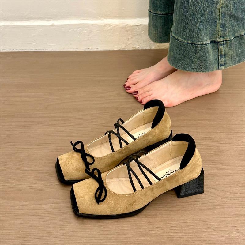 Fashion Autumn New Coarse Heel Single Shoes Women's Square Head Shallow Mouth Suede Butterfly Knot Soft Sole Non-slip Low Top Shoes