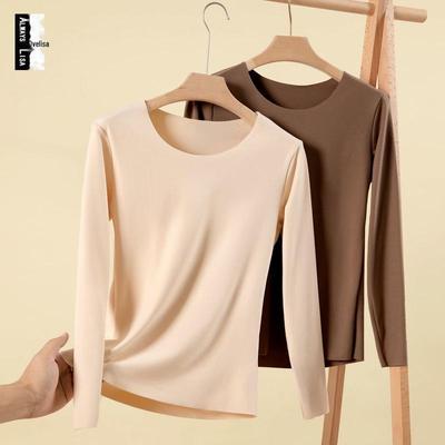 T-shirt da Donna a Manica Lunga, Vestibilità Aderente, Foderata in Velluto - Colore Unito, Girocollo, Autunno/Inverno