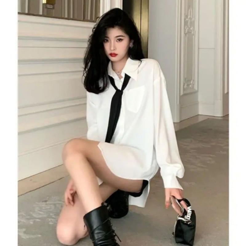 Women's Oversized Lazy Style Long Sleeve Shirt White Casual Blouse for Spring and Autumn, Loose Fit Comfortable Shirt , No Tie Included
