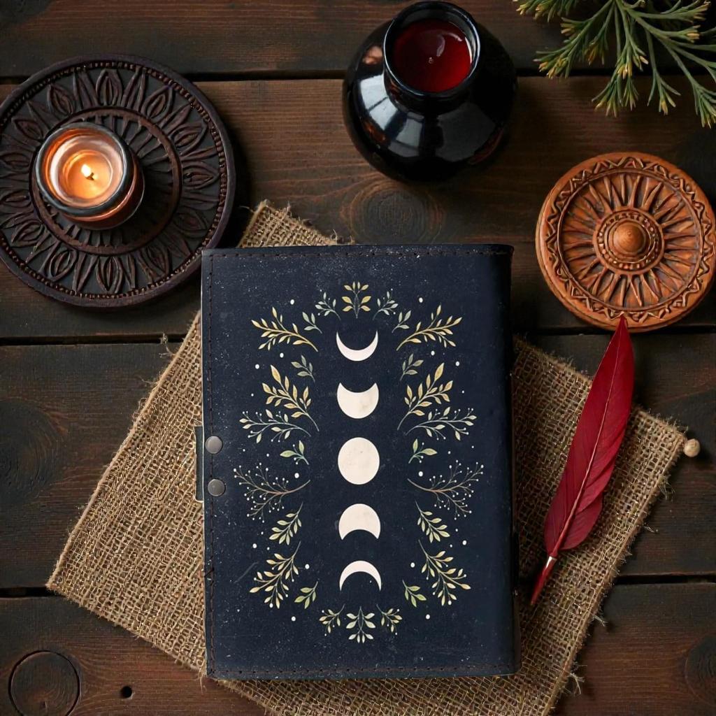 Moon Phase Leather Journal 5×7” | Handmade Deckle Edge Paper Diary 200 Pages | Black Mystic Notebook | Wiccan Moon Phases Journal with Lock